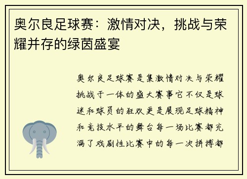 奥尔良足球赛：激情对决，挑战与荣耀并存的绿茵盛宴