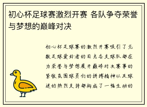 初心杯足球赛激烈开赛 各队争夺荣誉与梦想的巅峰对决