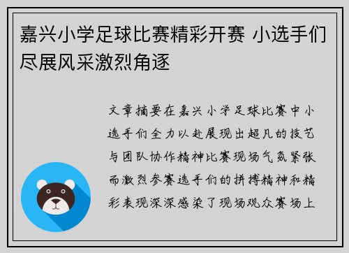 嘉兴小学足球比赛精彩开赛 小选手们尽展风采激烈角逐