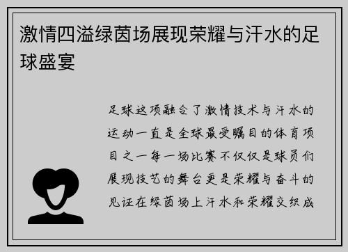 激情四溢绿茵场展现荣耀与汗水的足球盛宴