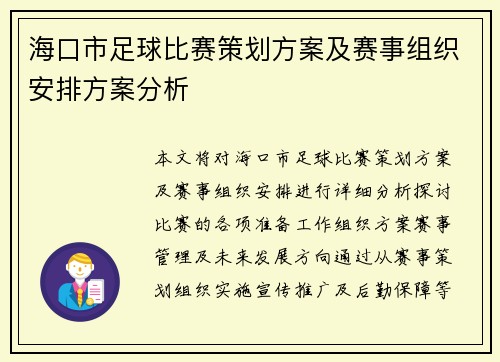 海口市足球比赛策划方案及赛事组织安排方案分析