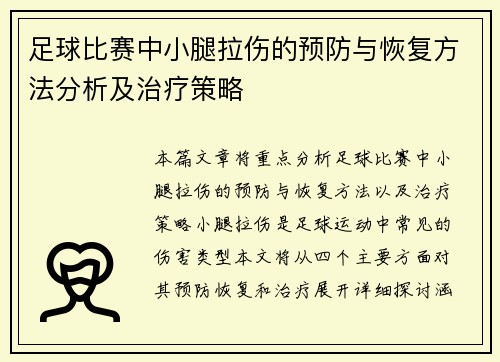 足球比赛中小腿拉伤的预防与恢复方法分析及治疗策略