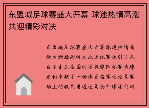 东盟城足球赛盛大开幕 球迷热情高涨共迎精彩对决