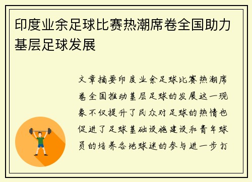 印度业余足球比赛热潮席卷全国助力基层足球发展