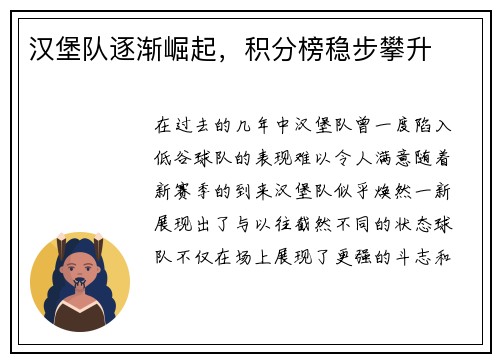 汉堡队逐渐崛起，积分榜稳步攀升