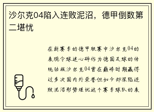 沙尔克04陷入连败泥沼，德甲倒数第二堪忧