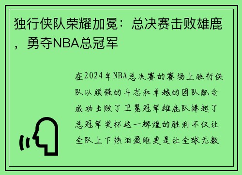 独行侠队荣耀加冕：总决赛击败雄鹿，勇夺NBA总冠军