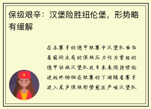 保级艰辛：汉堡险胜纽伦堡，形势略有缓解