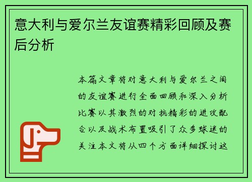 意大利与爱尔兰友谊赛精彩回顾及赛后分析