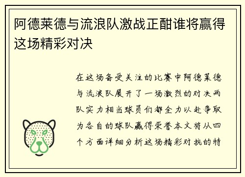 阿德莱德与流浪队激战正酣谁将赢得这场精彩对决