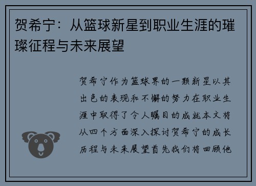 贺希宁：从篮球新星到职业生涯的璀璨征程与未来展望