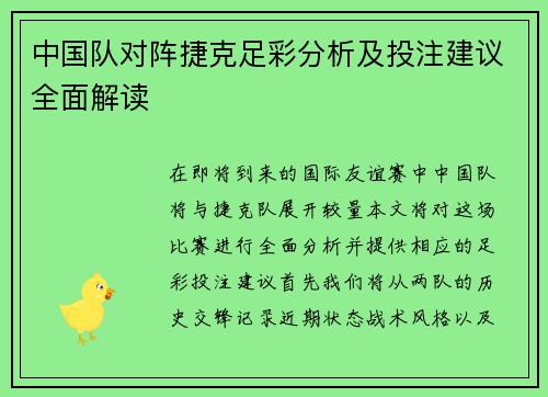 中国队对阵捷克足彩分析及投注建议全面解读