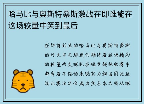哈马比与奥斯特桑斯激战在即谁能在这场较量中笑到最后