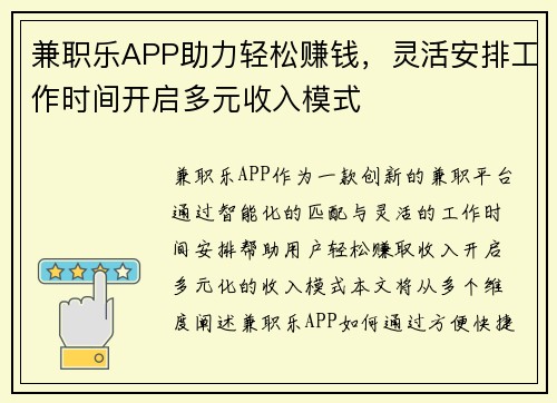 兼职乐APP助力轻松赚钱，灵活安排工作时间开启多元收入模式