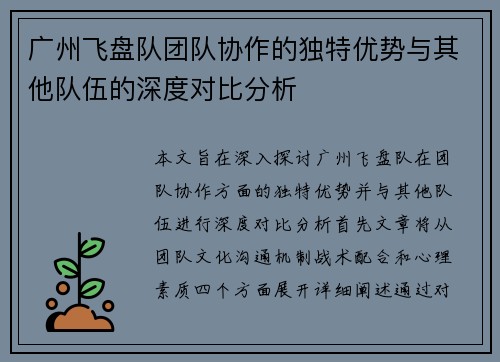 广州飞盘队团队协作的独特优势与其他队伍的深度对比分析