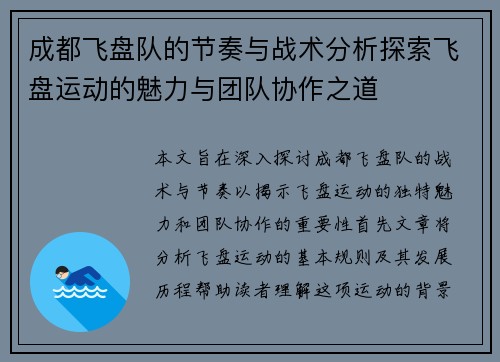成都飞盘队的节奏与战术分析探索飞盘运动的魅力与团队协作之道